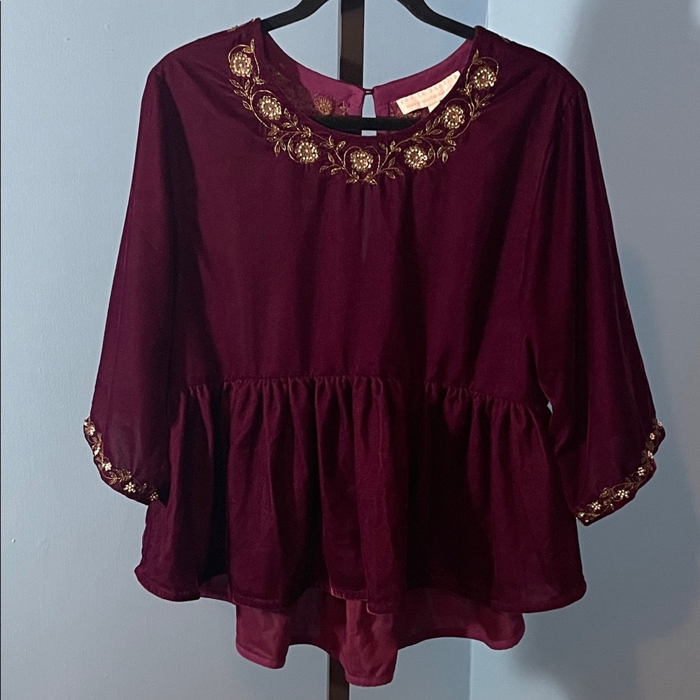 Anthropologie Kavita Bhartia Velvet Burgundy Blouse with Gold & Pearl Embroidery